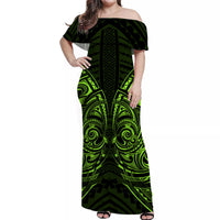 Off-shoulder long dress, dark green with neon green tribal print