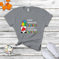 Charcoal gray autism support gnome T-shirt with colorful “What makes you different…beautiful” text