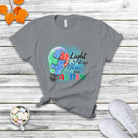 Charcoal gray autism awareness T-shirt with colorful puzzle graphic and “Light it up for Autism”