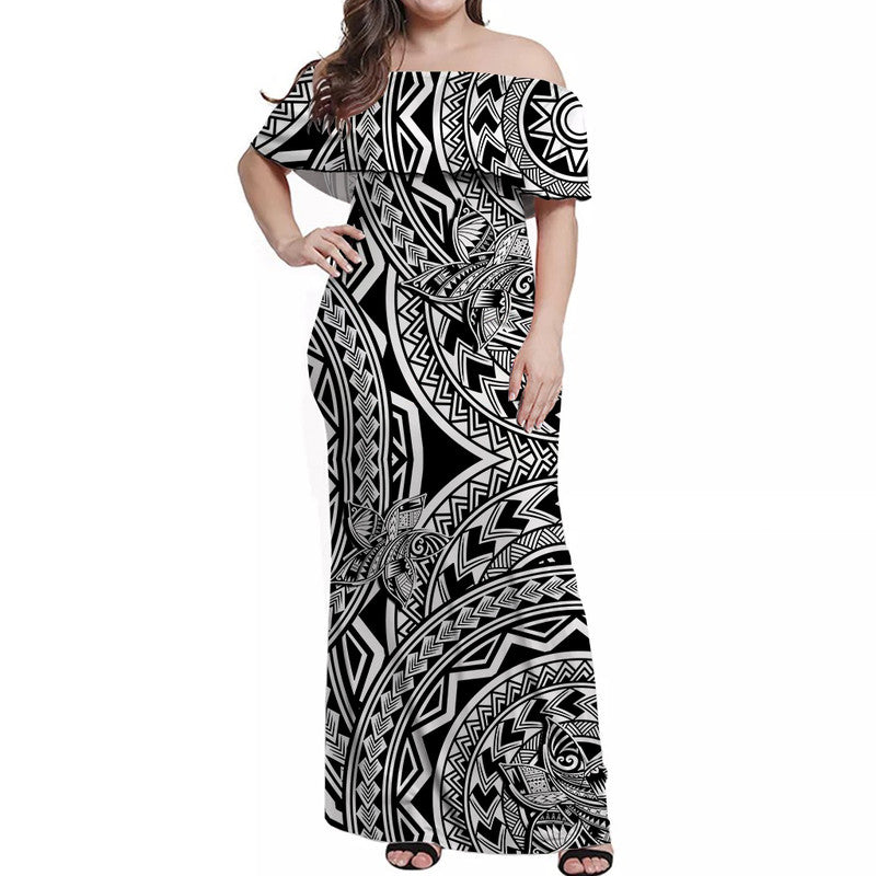 Off-shoulder long maxi dress in black and white tribal pattern, wrap tie waist