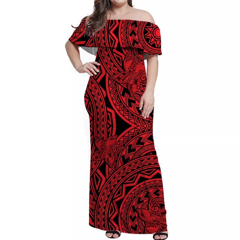 Off-shoulder maxi dress in red with black tribal pattern, short sleeves