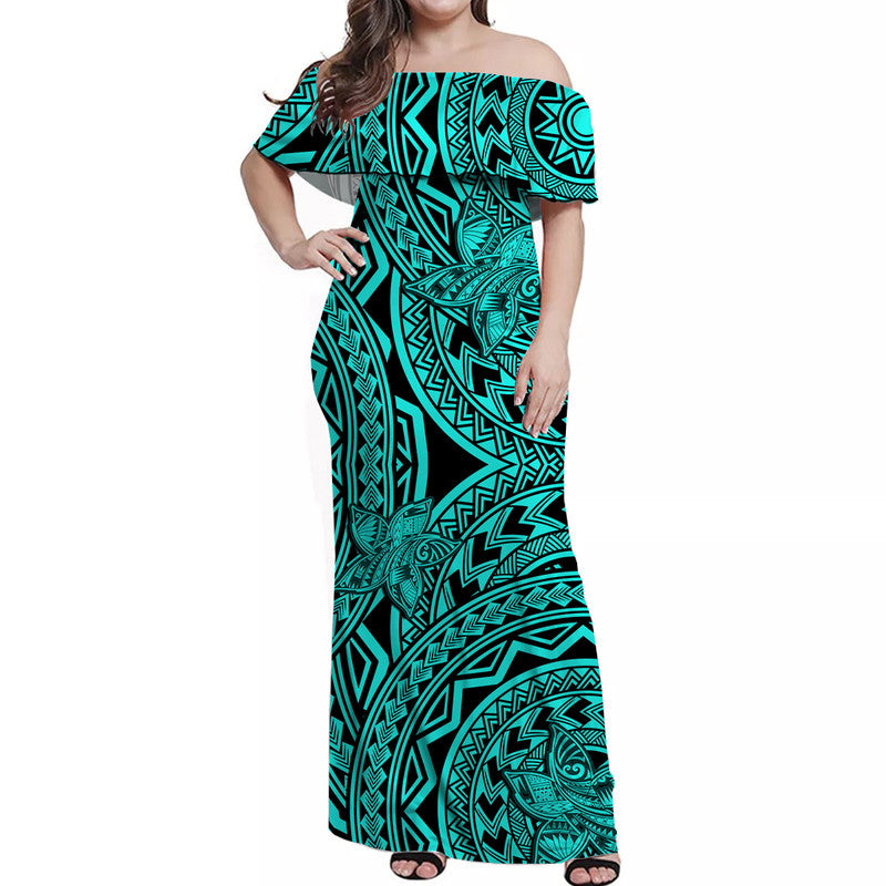 Off-shoulder turquoise maxi dress with tribal geometric print and side sash detail