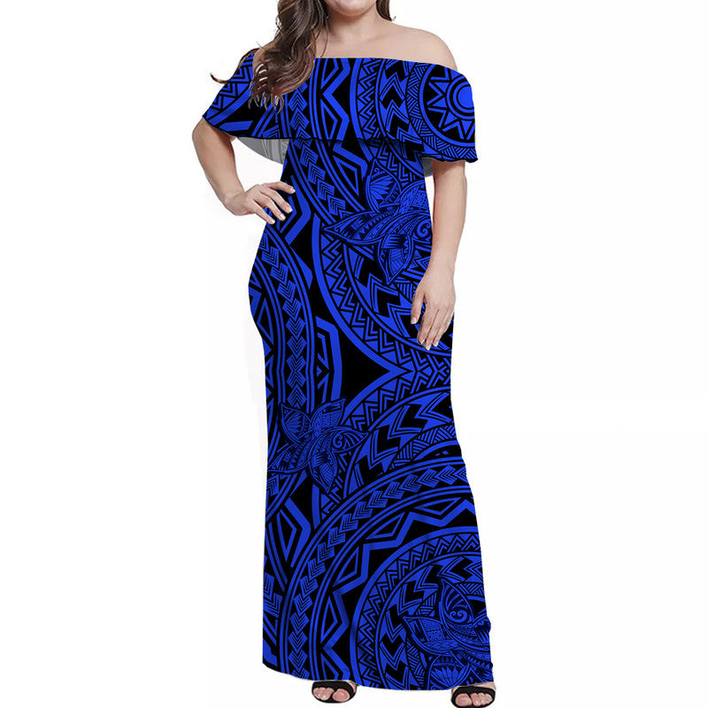 Blue off-shoulder long dress with tribal geometric print, short sleeves