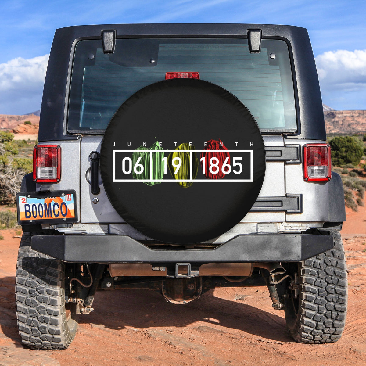 Black spare tire cover with Juneteenth date 06/19/1865 on front