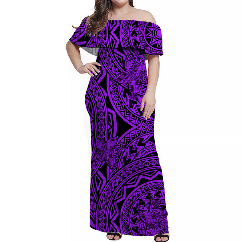 Purple off-shoulder long dress, tribal geometric print, fitted waist