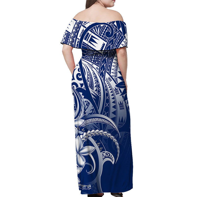 Back-view blue off-shoulder long dress with tribal geometric print and floral motifs