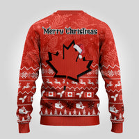 Red ugly Christmas sweater with Merry Christmas text and maple leaf design on back