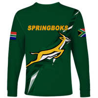 Green long sleeve shirt with large SPRINGBOKS text and running animal mascot graphic