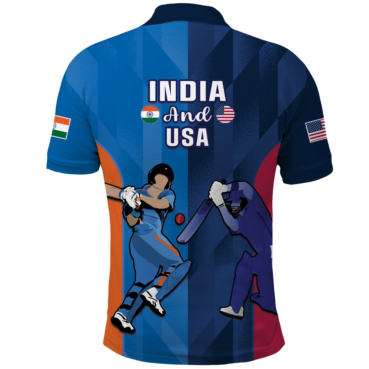 Blue polo shirt with India and USA logo and player action graphic, short sleeves