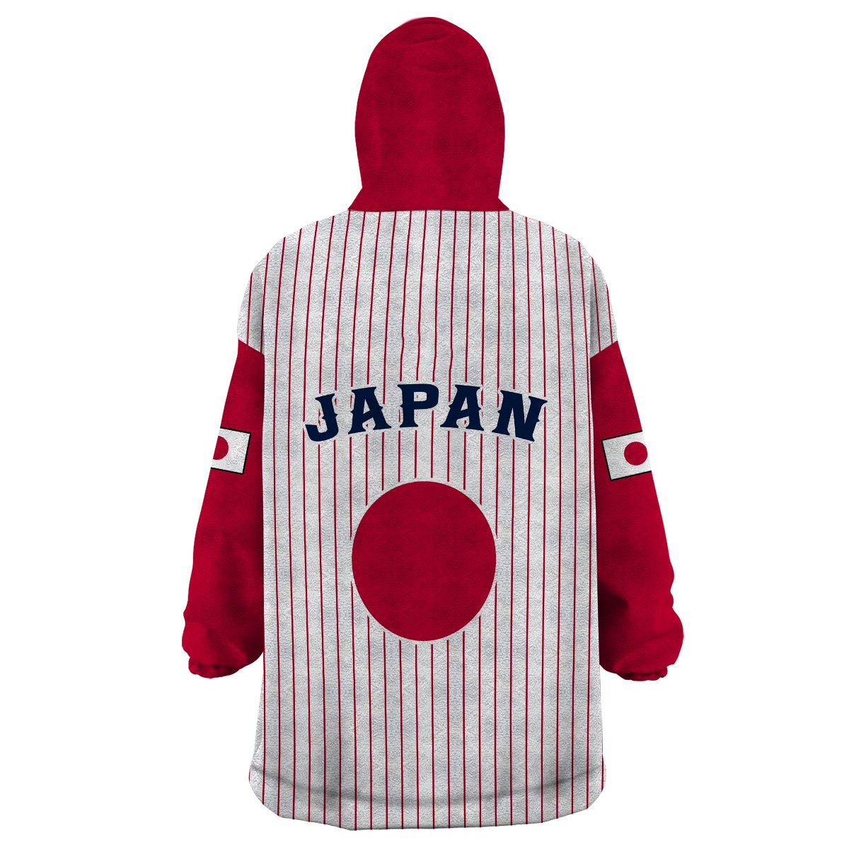 Red-hood wearable blanket hoodie, white with red vertical stripes and Japan graphic