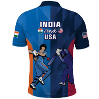 Blue polo shirt with India and USA logo and player action graphic, short sleeves