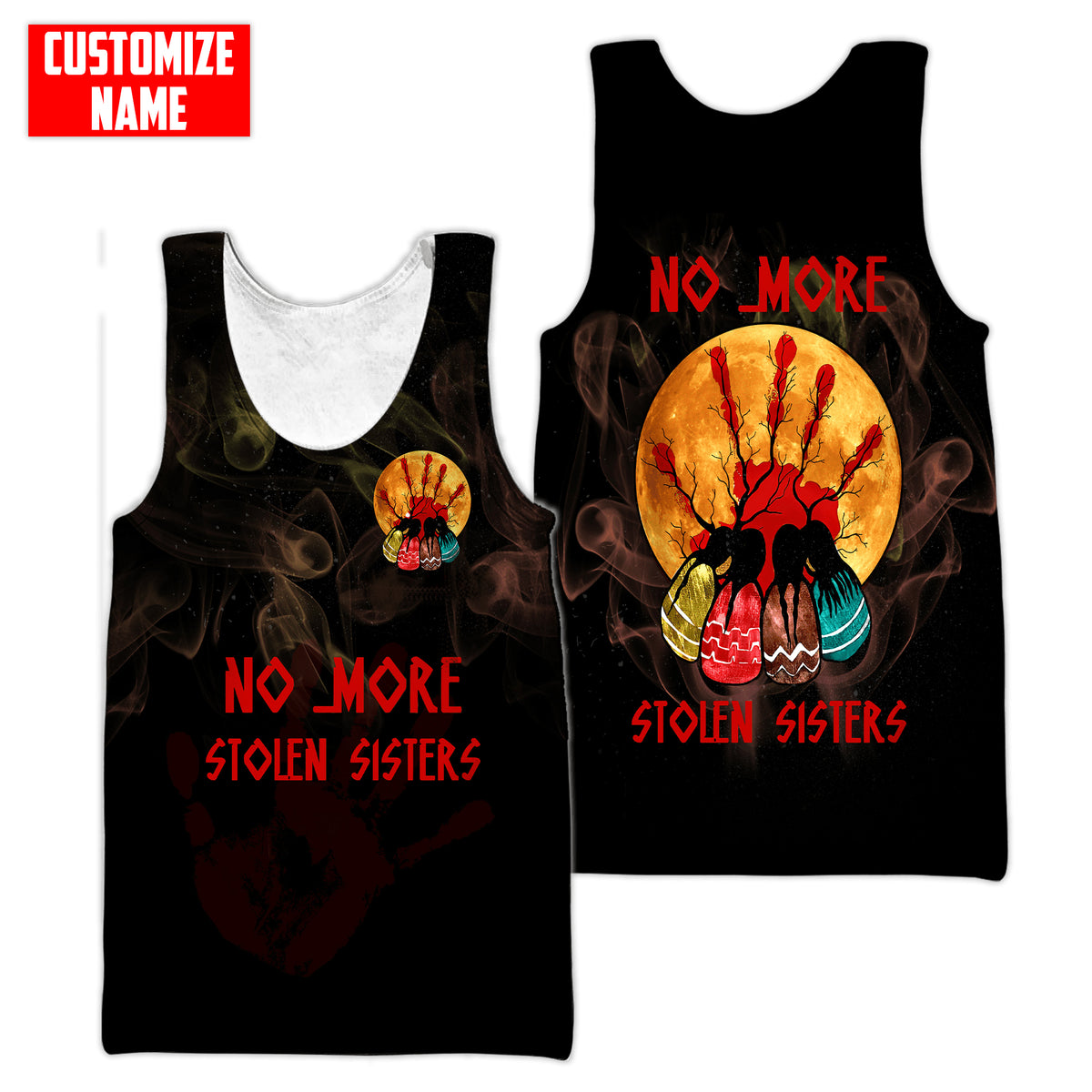 Black unisex tank top with all-over front print, tree-skull graphic and No More text
