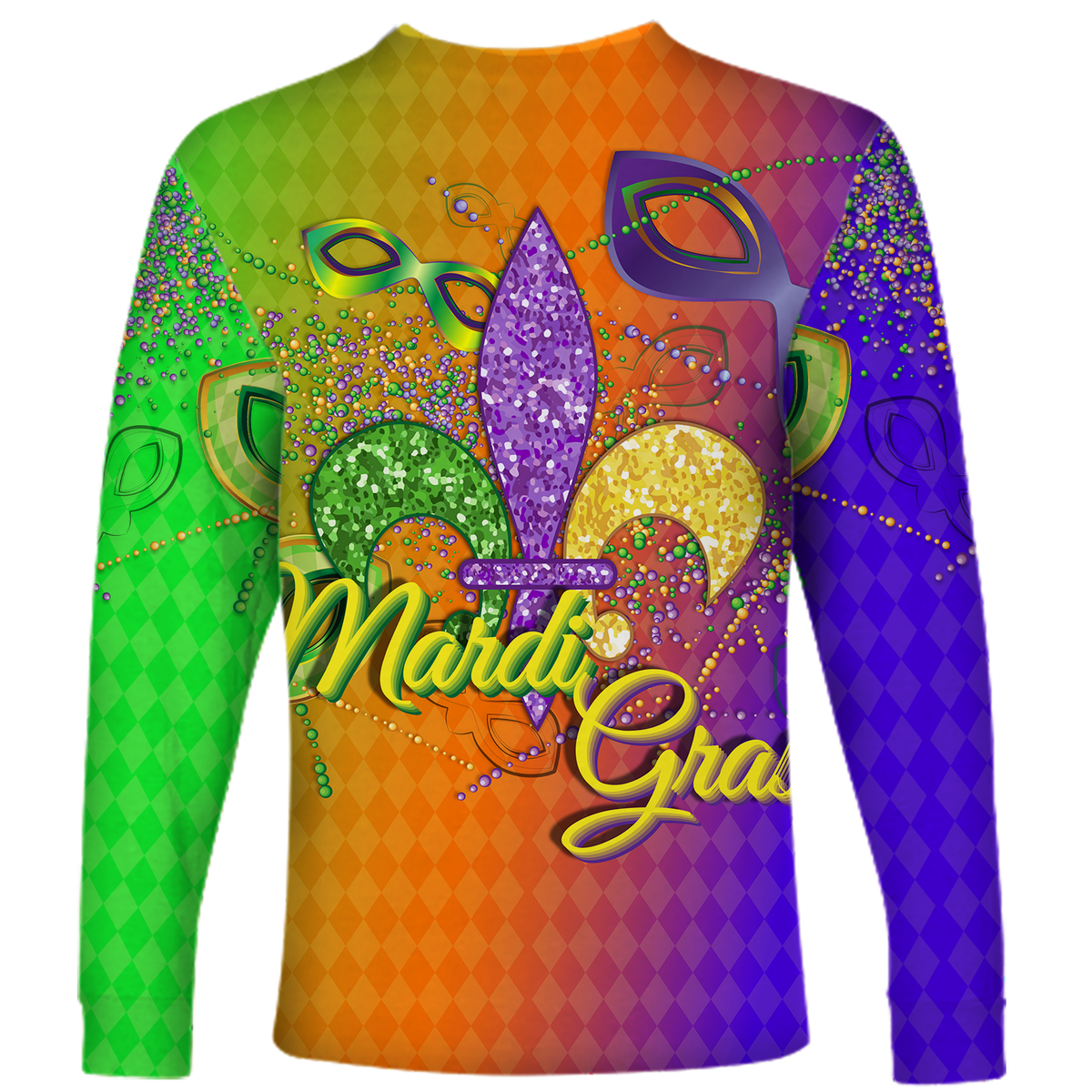 Long-sleeve shirt with Mardi Gras mask graphic and 'Mardi Gras' script, back view
