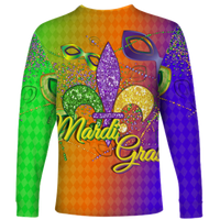 Long-sleeve shirt with Mardi Gras mask graphic and 'Mardi Gras' script, back view