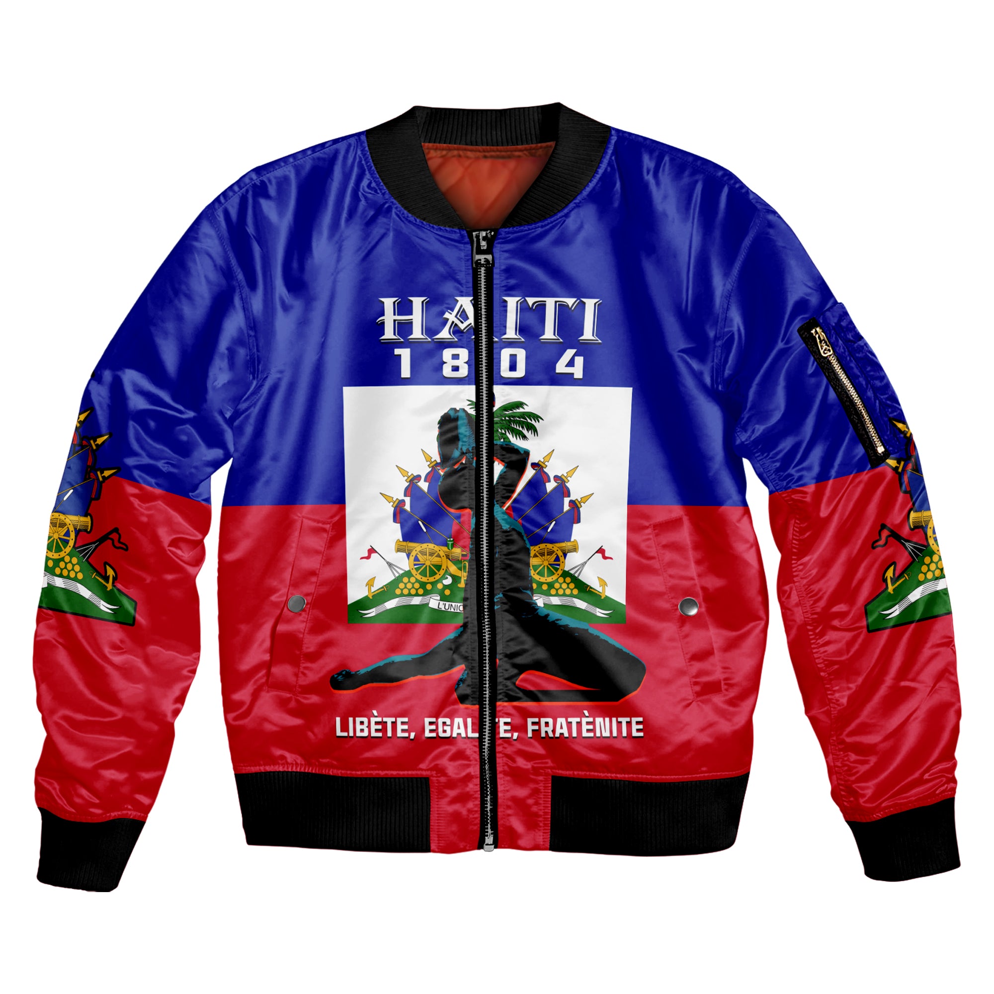 (Custom Personalised) Haiti Sleeve Zip Bomber Jacket Negre Marron With Haitian Flag - Wonder Print Shop