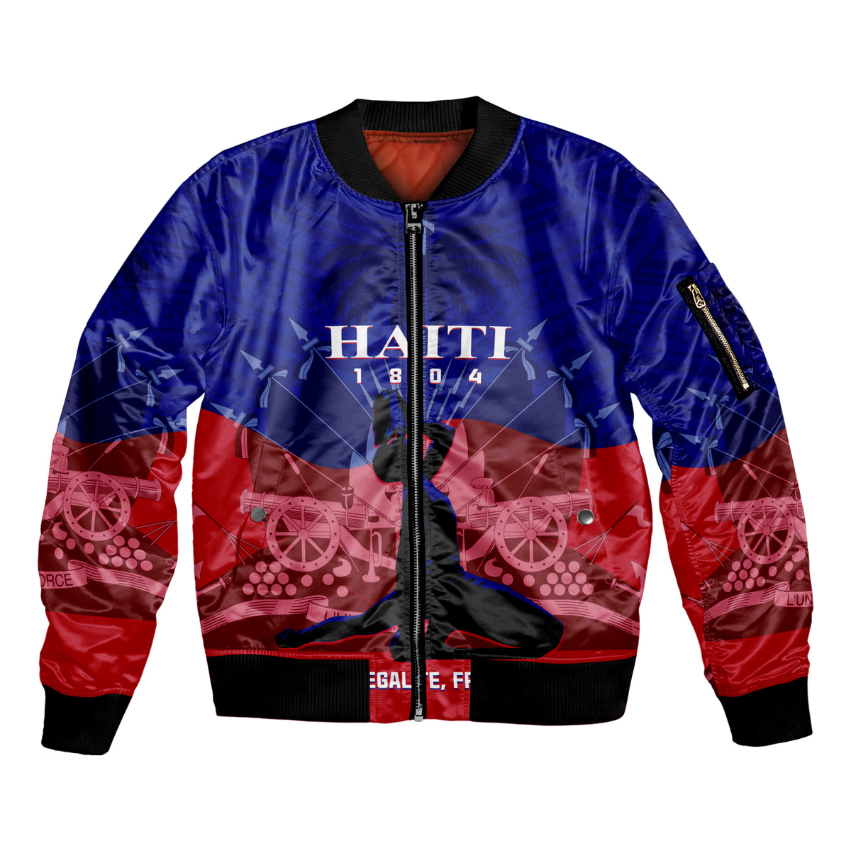 Blue/red bomber jacket with full-zip, black ribbed collar and cuffs, front graphic