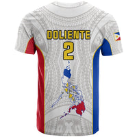 Custom Doliente T-shirt, white with grey pattern, Doliente 2 map graphic and flag patch