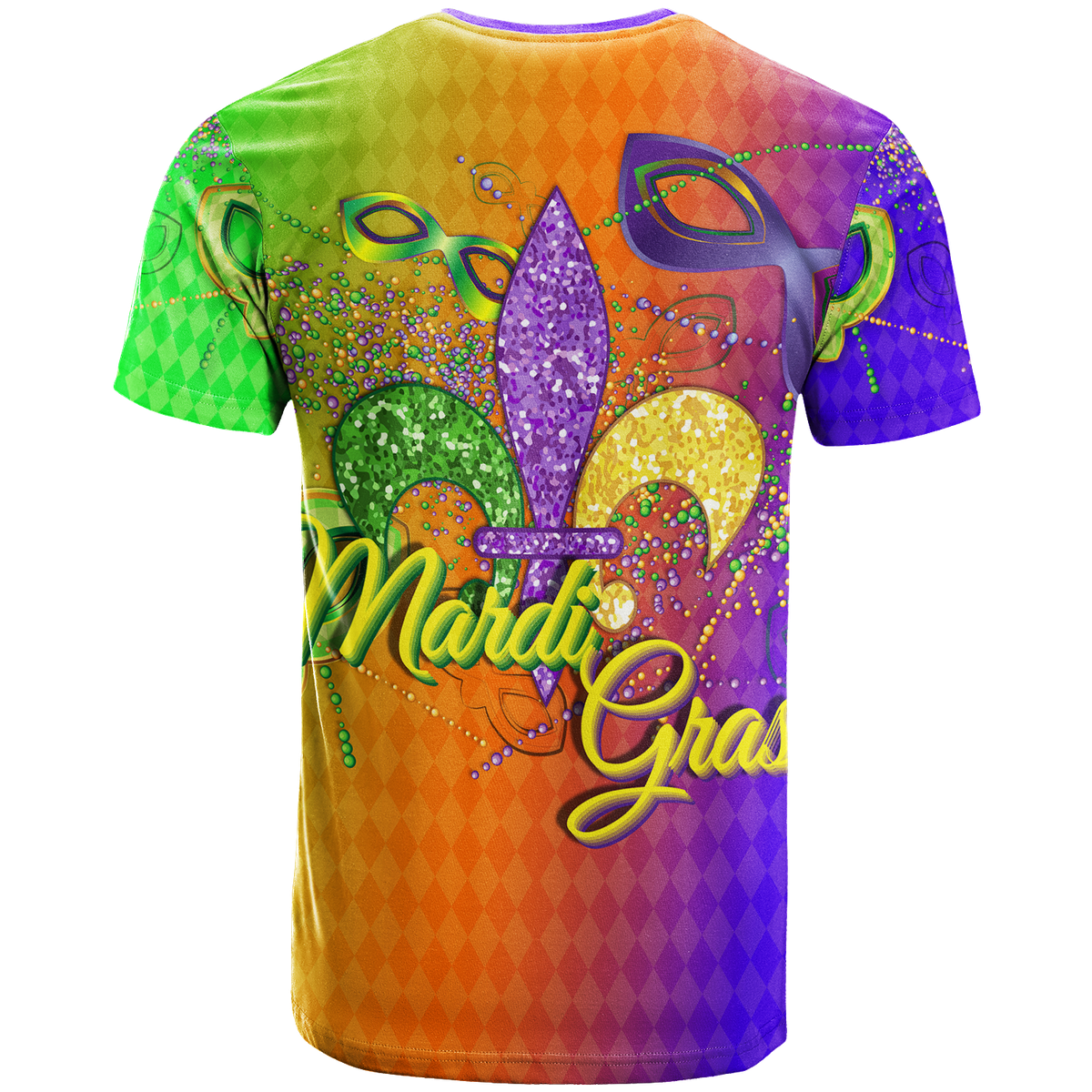 Mardi Gras theme T-shirt with colorful mask graphic, beads, and Mardi Gras text