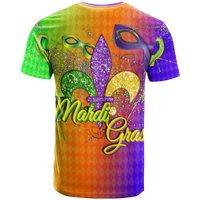 Mardi Gras theme T-shirt with colorful mask graphic, beads, and Mardi Gras text