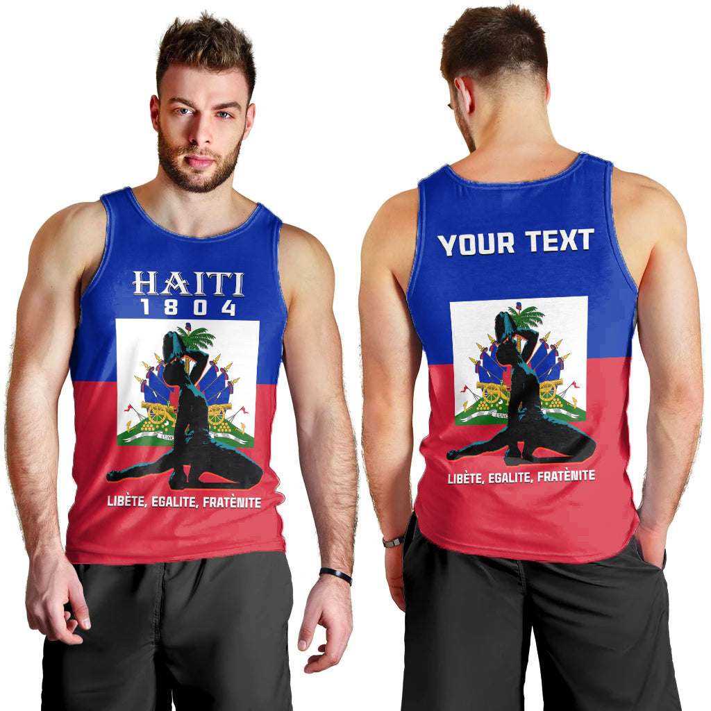 Men's blue tank top with red hem and Haiti flag graphic, front text HAITI 1804.