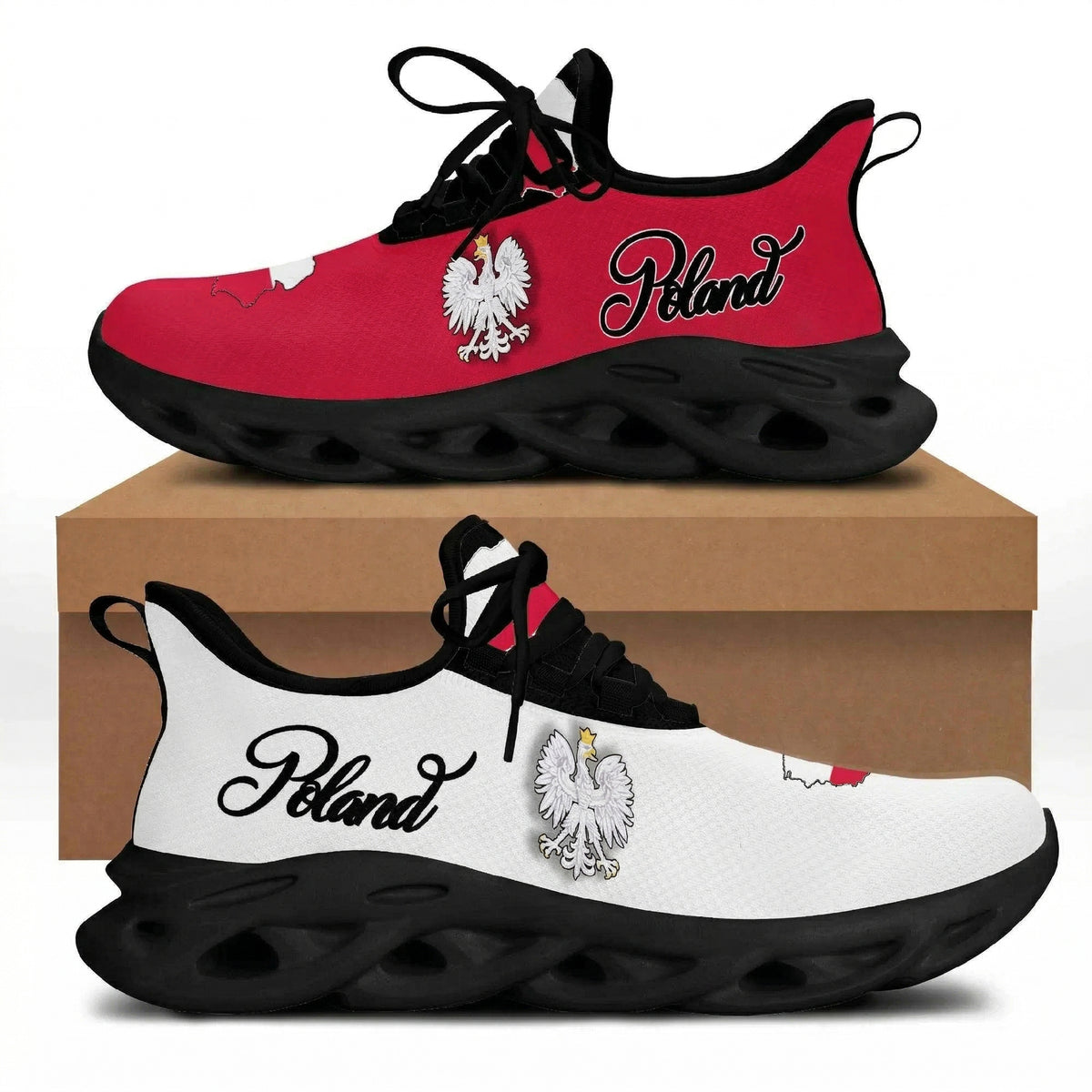 Red Poland-themed clunky sneakers, black outsole, lace-up with crest embroidery