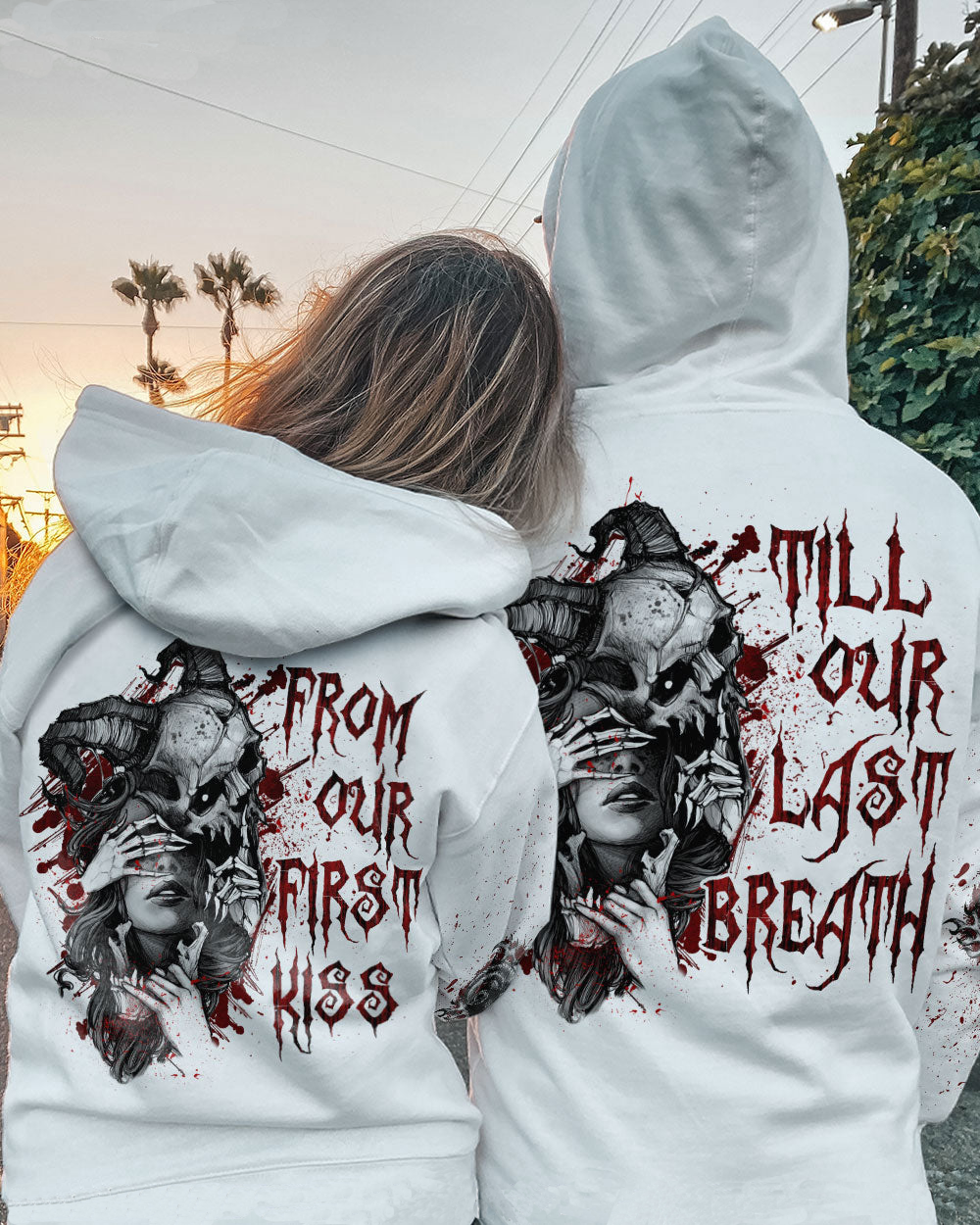 From Our First Kiss Till Our Last Breath Couple Skull Hoodie White - Wonder Print Shop