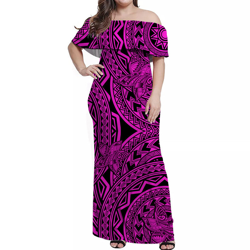 Off-shoulder long dress, pink with bold purple tribal print