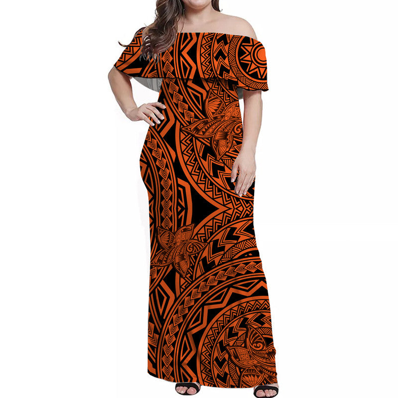 Women’s off-shoulder long dress in orange and black tribal print, short sleeves