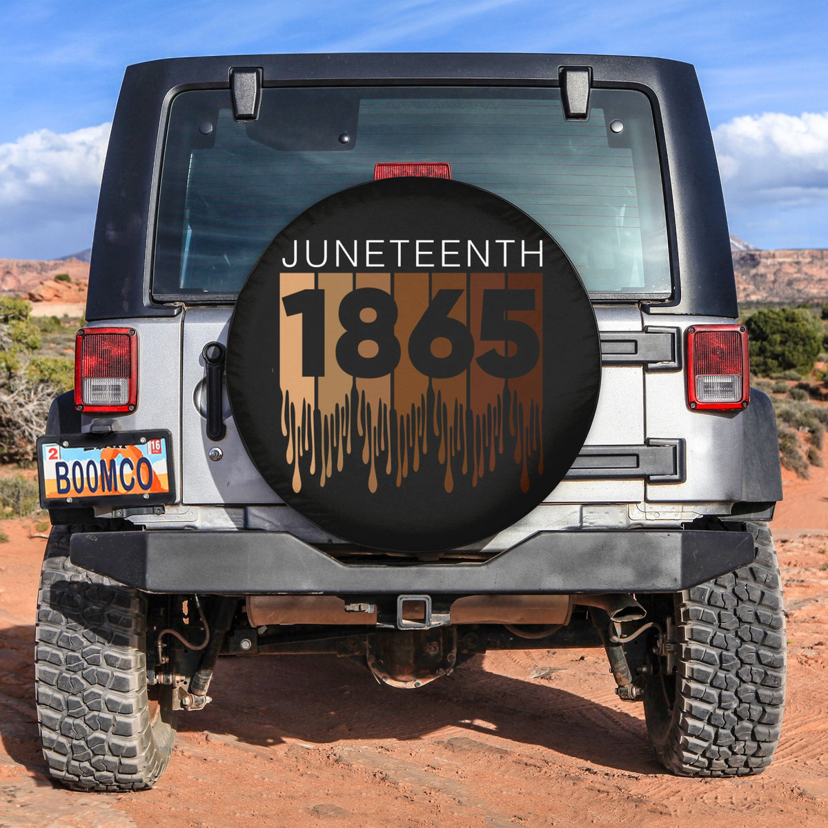 Black spare tire cover with Juneteenth 1865 drip graphic