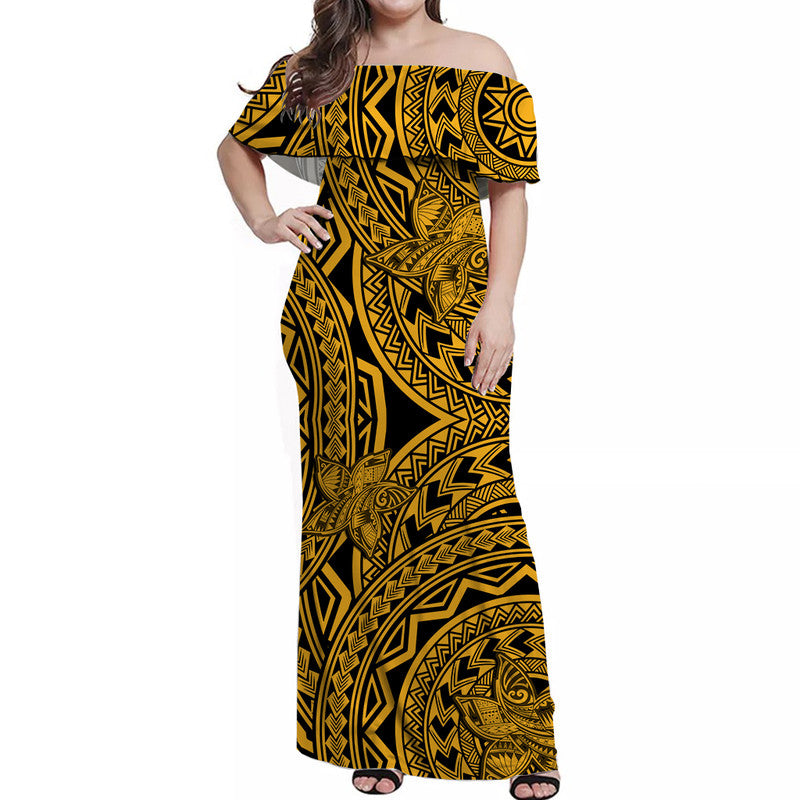 Women’s off-shoulder long dress with black and gold tribal print, tie waist detail