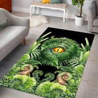 Green area rug with large dinosaur eye, ferns, and seashell-like flowers on black
