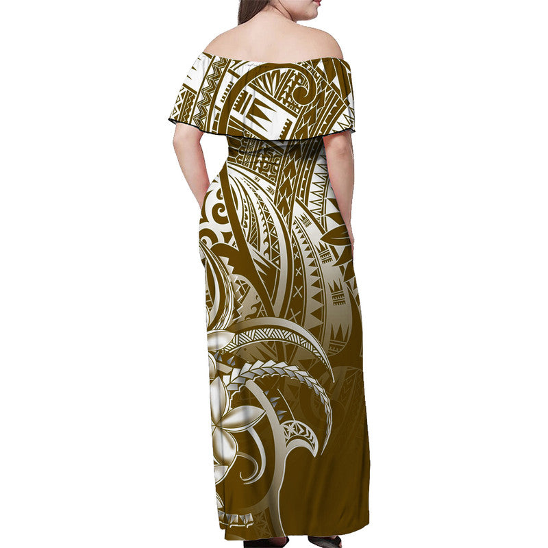 Women’s off-shoulder long dress, back view, brown tribal print with white motifs
