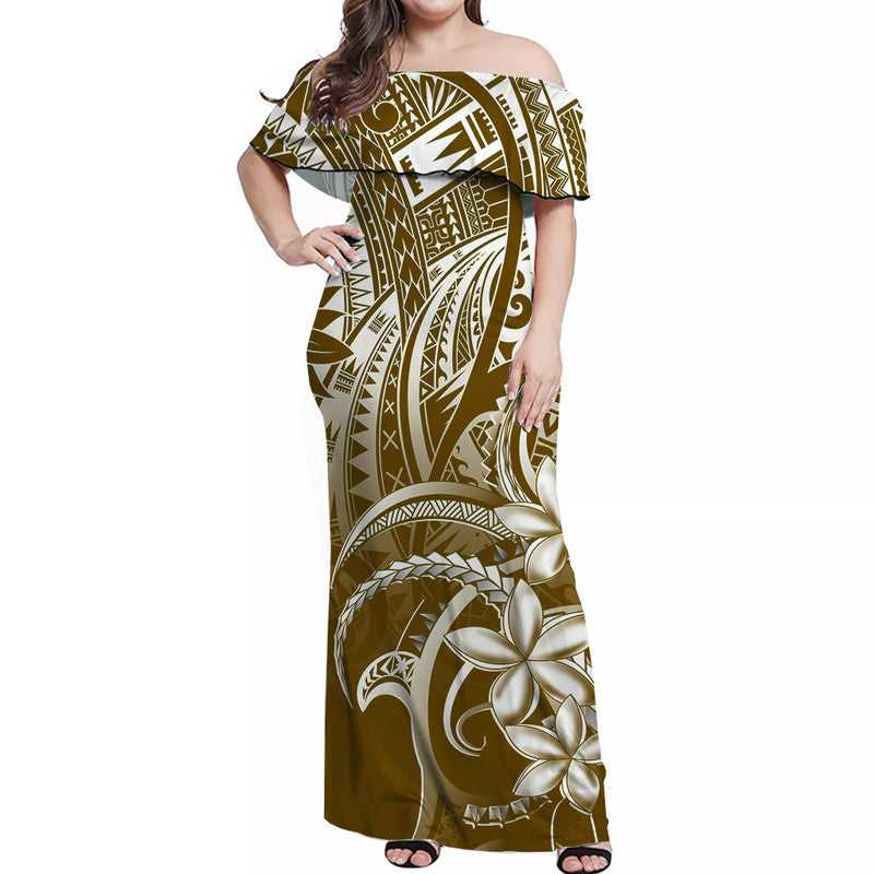 Women’s off-shoulder long dress, brown tribal print with white floral motifs
