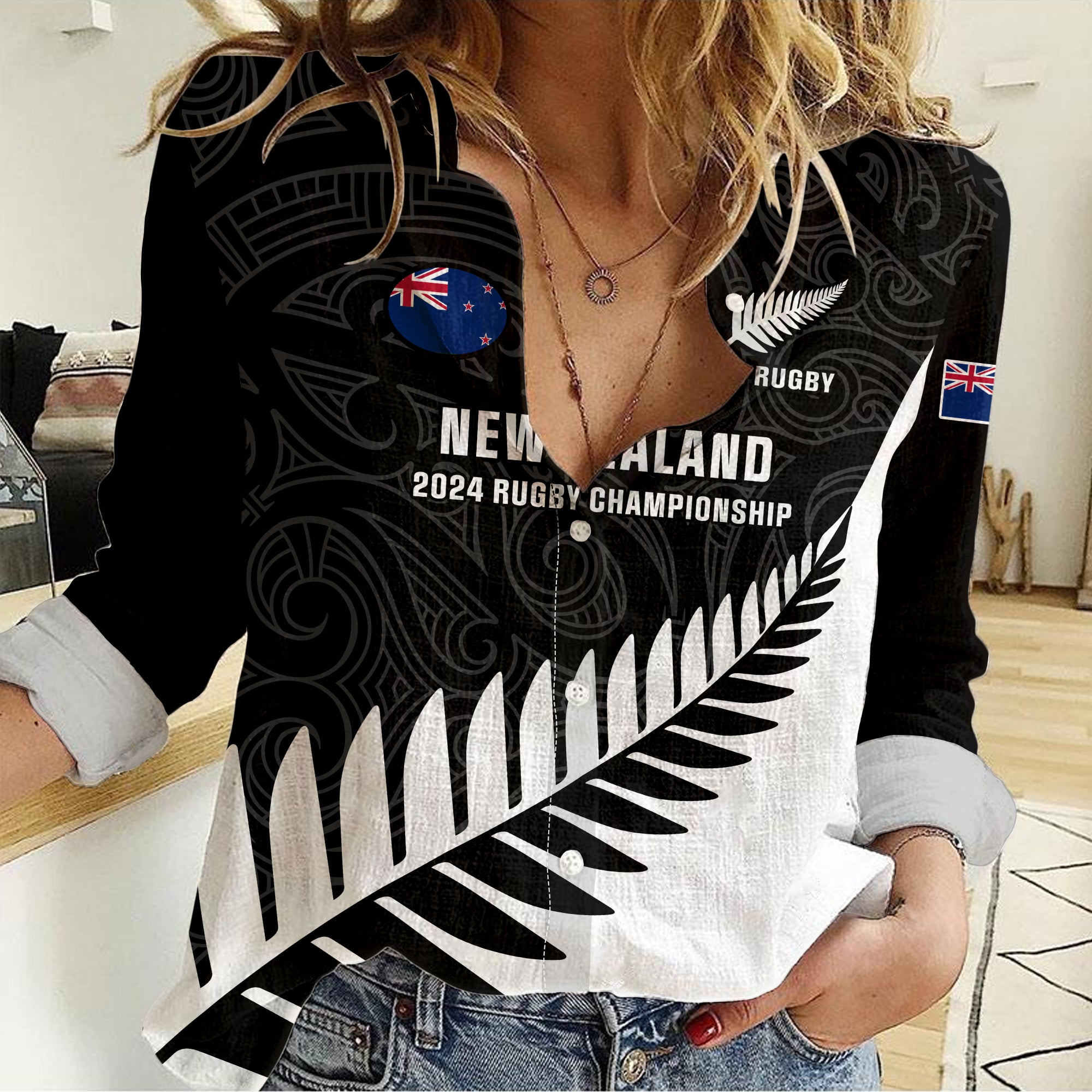 Personalised New Zealand Silver Fern Rugby Women Casual Shirt All Black 2024 Go Champions Maori Pattern - Wonder Print Shop