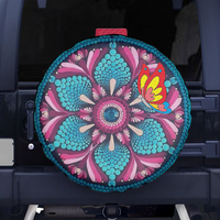 Spare tire cover with colorful floral mandala, butterfly, and central camera window