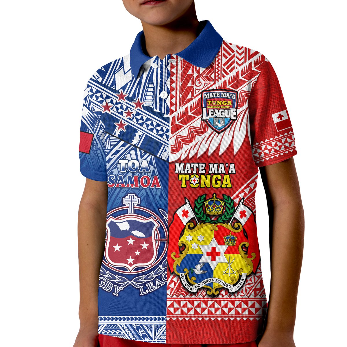 Kids rugby polo shirt with blue and red front graphic, collared short sleeves