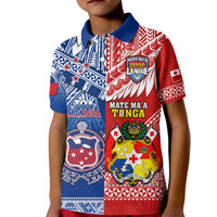 Kids rugby polo shirt with blue and red front graphic, collared short sleeves