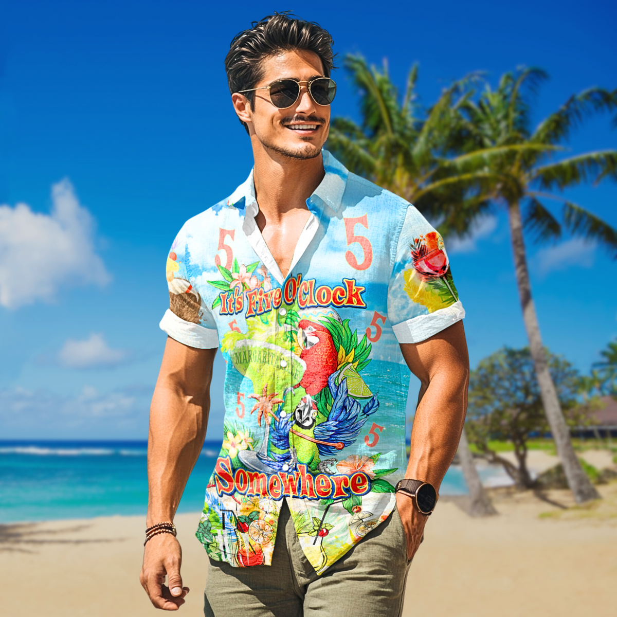 Blue Hawaiian shirt with short sleeves, open collar, colorful parrot and 5 o'clock print