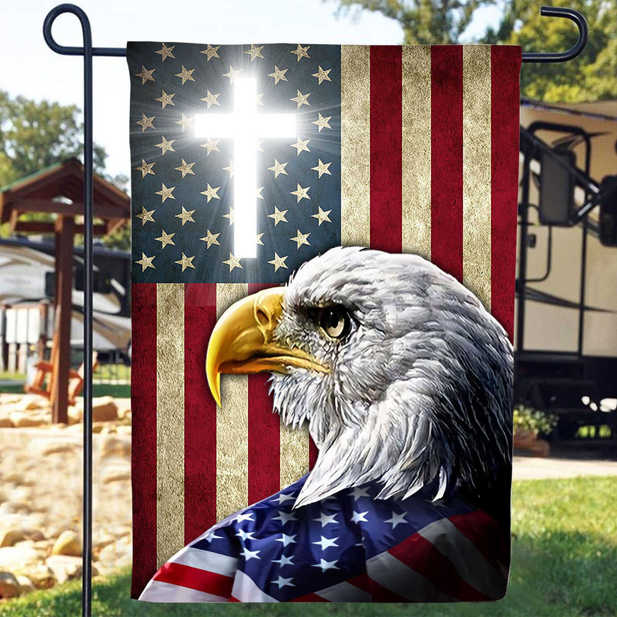 3D printed patriotic garden flag on metal stakes, featuring American eagle and stars
