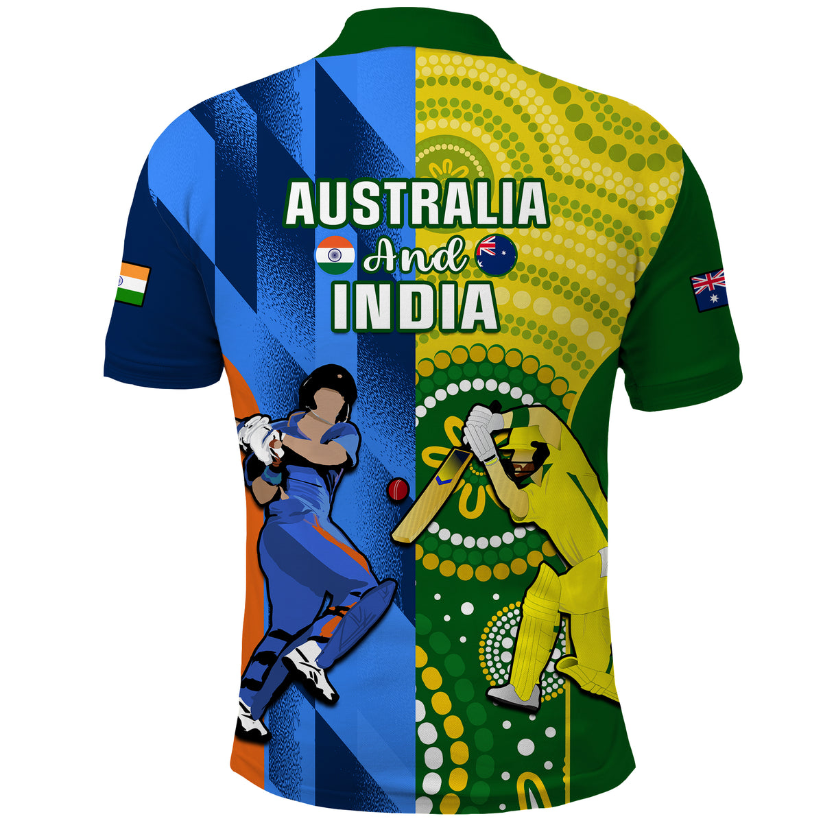 Cricket polo shirt, back print with AUSTRALIA and INDIA text and player artwork