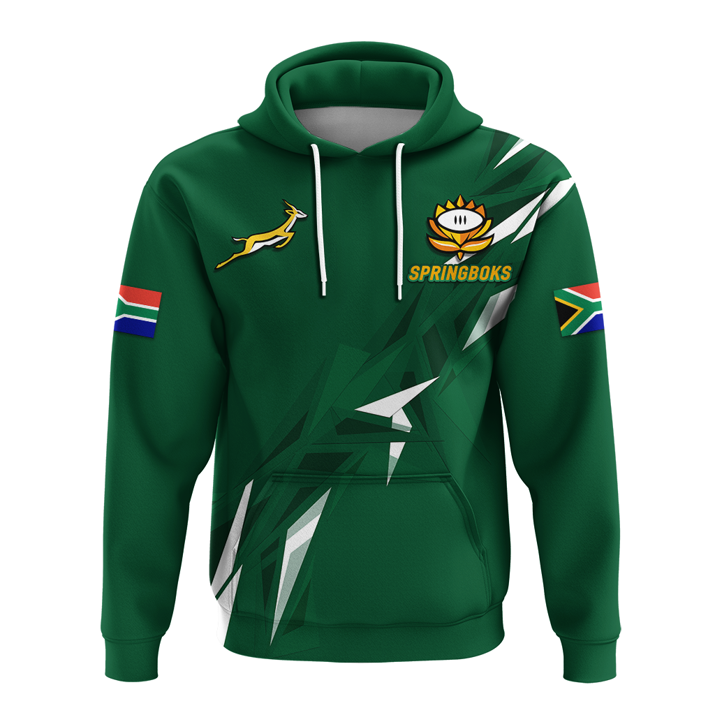 Green pullover hoodie with Springboks emblem, hood drawstrings, and geometric chest graphic