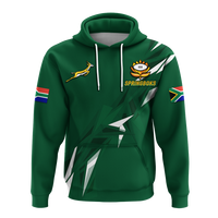 Green pullover hoodie with Springboks emblem, hood drawstrings, and geometric chest graphic