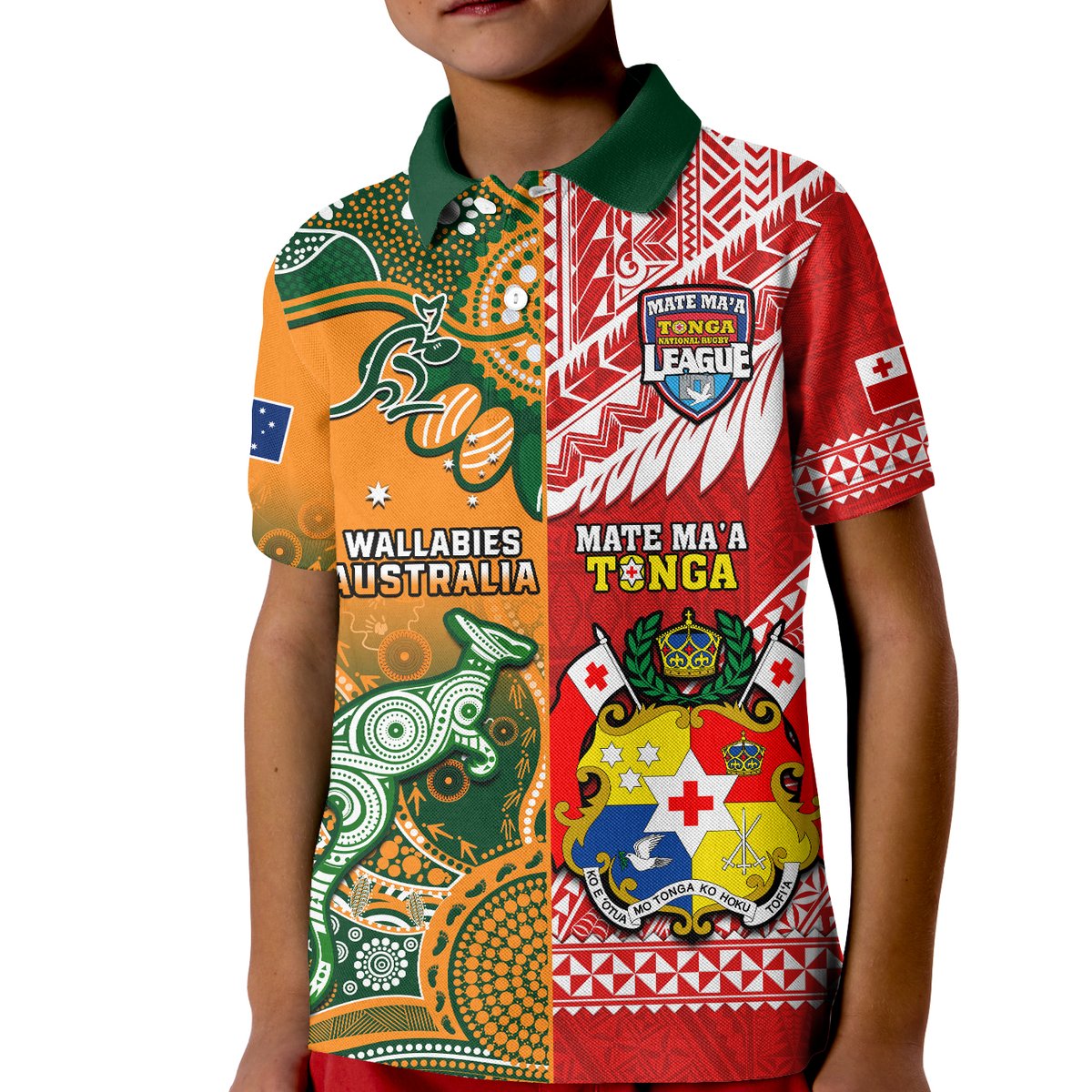 Kids rugby polo shirt with green collar and red multi-color Polynesian graphic
