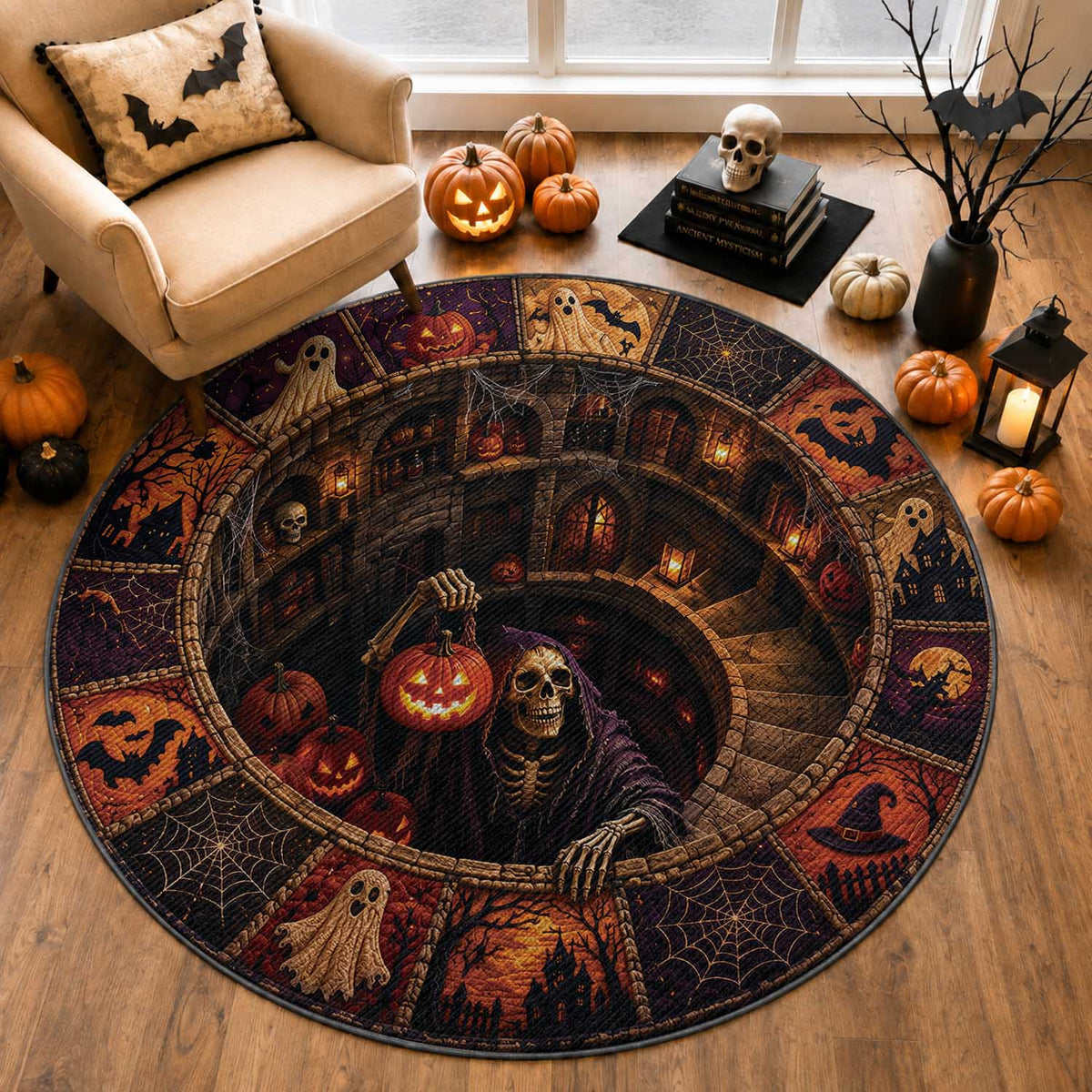 3D Illusion Witch Vortex Halloween Round Carpet