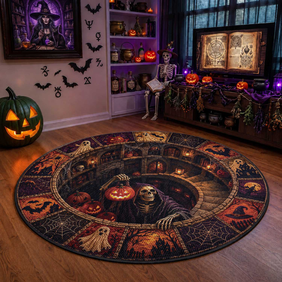 3D Illusion Witch Vortex Halloween Round Carpet