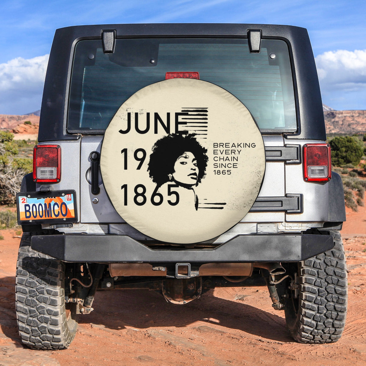 Spare tire cover with circular Juneteenth portrait and 'JUNE 19 1865' text