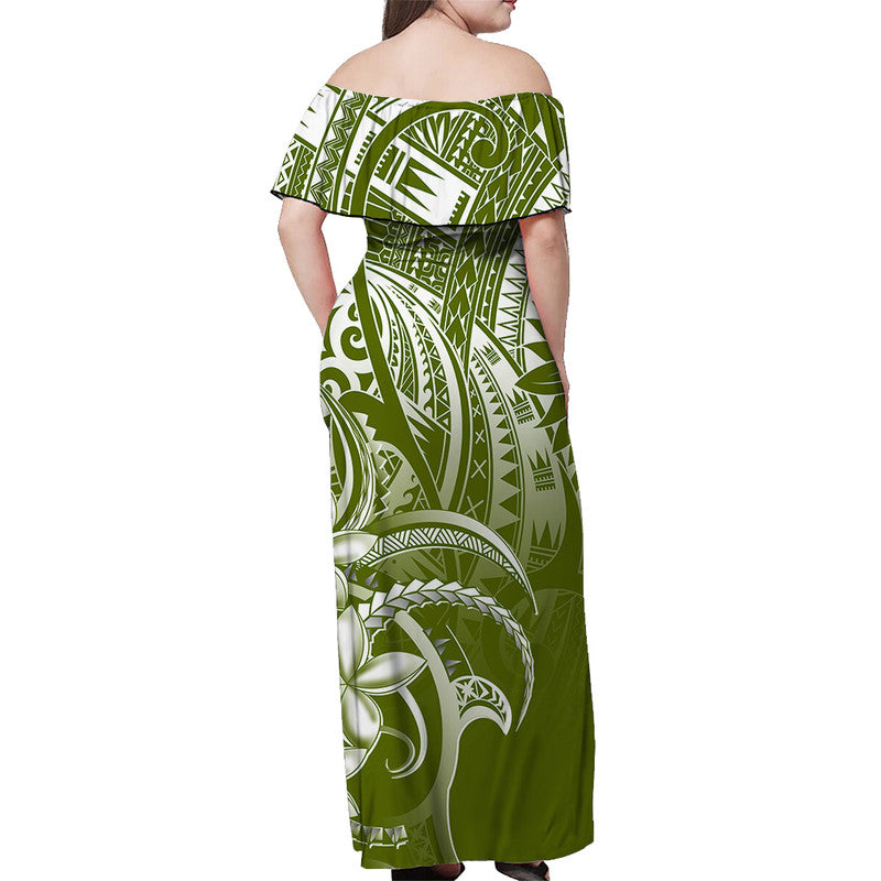 Off-shoulder long green womens dress with white tribal pattern and floral accents