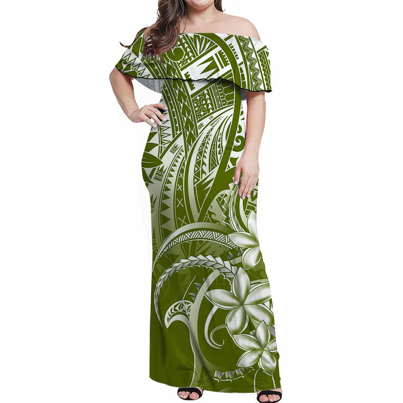 Off-shoulder long green womens dress with white tribal leaf print, fitted waist