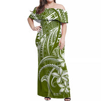 Off-shoulder long green womens dress with white tribal leaf print, fitted waist