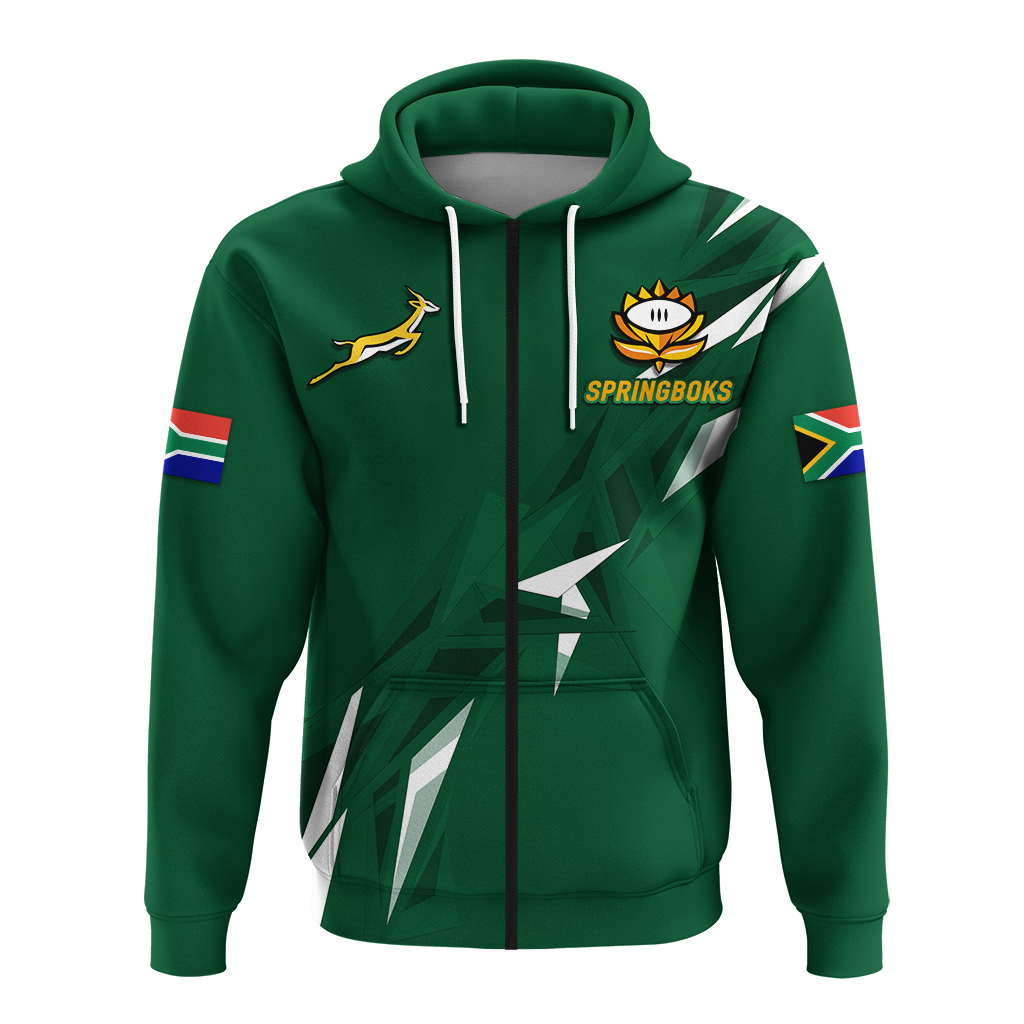 Green pullover hoodie with Springboks emblem, front geometric panel, and hood drawstrings